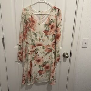 Le Lis Women's Dress And Green Pink Floral Long Sleeve V-Neck Knee Length Size M